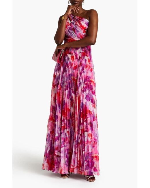 Marchesa Pink One-shoulder Pleated Floral-print Chiffon Gown