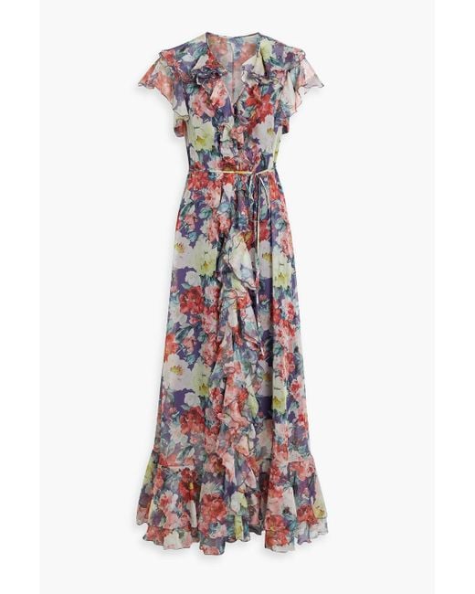 Mikael Aghal Blue Ruffled Floral-print Chiffon Maxi Dress