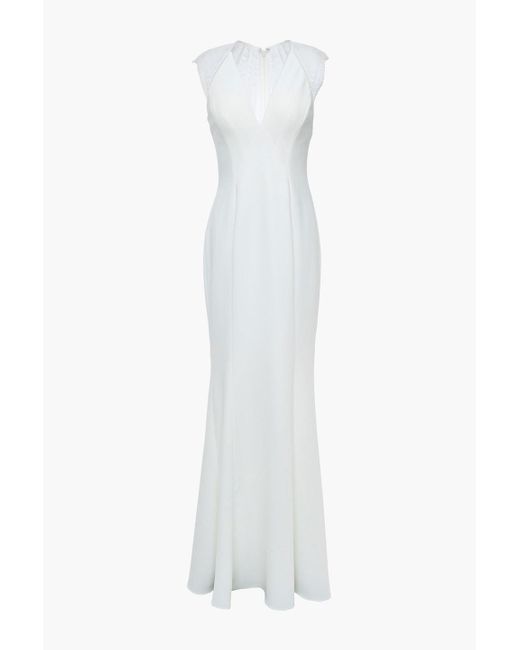 Catherine Deane White Melissa Lace-paneled Lattice-trimmed Cady Gown