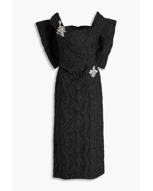 Erdem Black Off-the-shoulder Embellished Jacquard Midi Dress