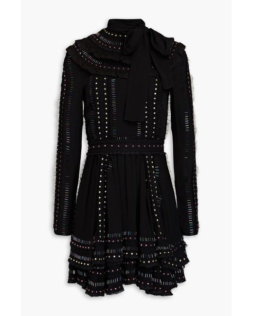 Valentino Garavani Black Ruffled Embellished Silk-crepe Mini Dress