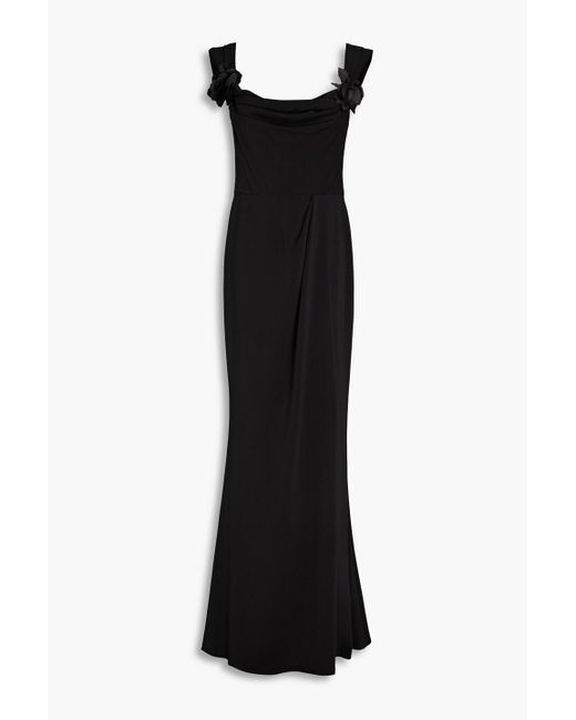 Marchesa Black Appliquéd Draped Crepe Gown