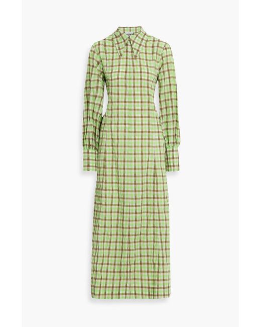 Ganni Checked Organic Cotton-blend Seersucker Midi Dress in Green | Lyst UK