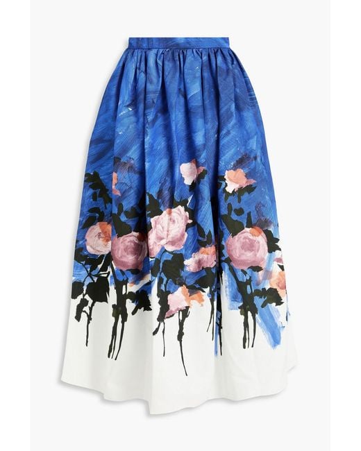 Erdem Blue Gathered Floral-print Cotton-blend Twill Midi Skirt
