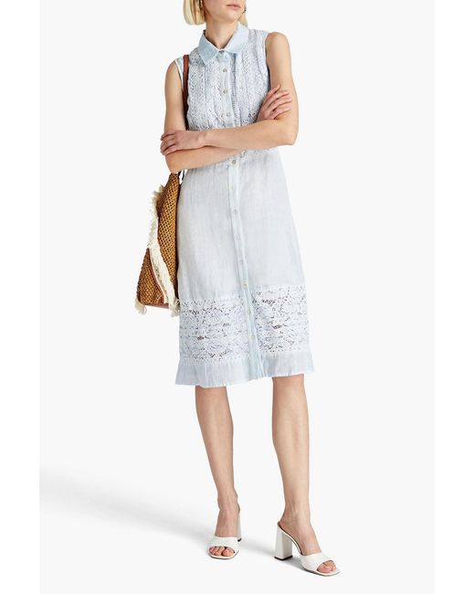 120% Lino Blue Lace-paneled Linen Shirt Dress