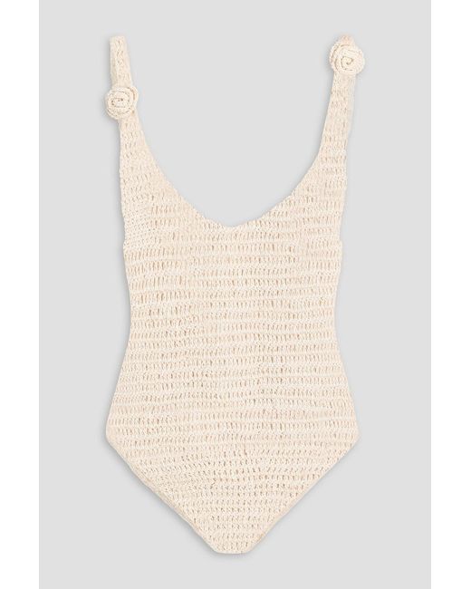 Magda Butrym Natural Floral-Appliquéd Crocheted Cotton-Blend Bodysuit
