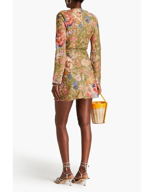 Zimmermann Green Belted Floral-print Linen Mini Dress