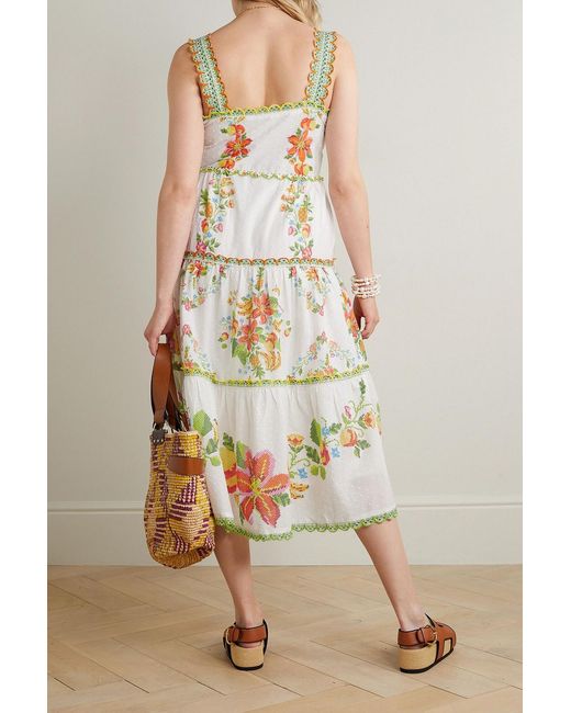 Farm Rio White Tropical Romance Scalloped Tiered Printed Cotton Midi Dress