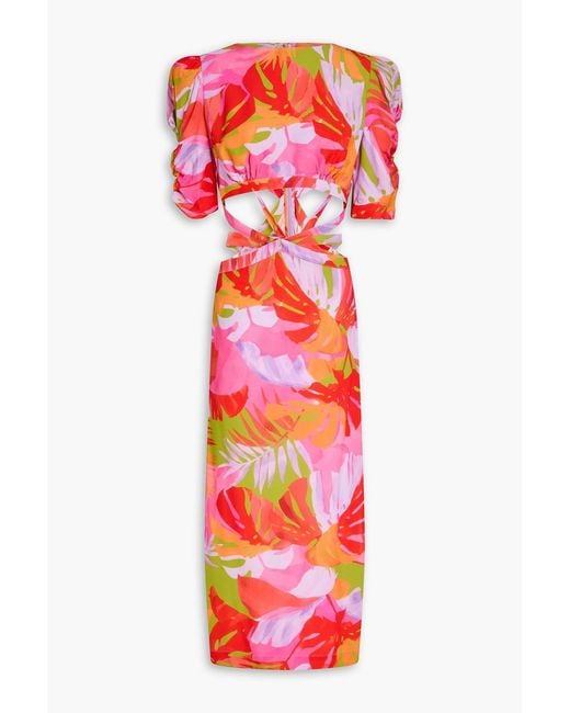 Farm Rio Red Cutout Printed Crepe Midi Dress