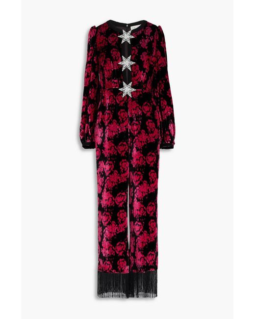 Saloni Red Fringed Embellished Printed Velvet Jumpsuit