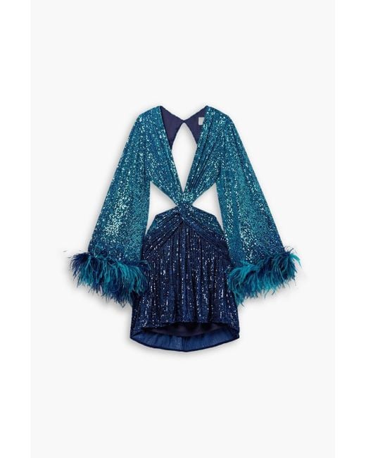 PATBO Blue Alessandra Ambrosio Cutout Feather-trimmed Sequined Tulle Mini Dress