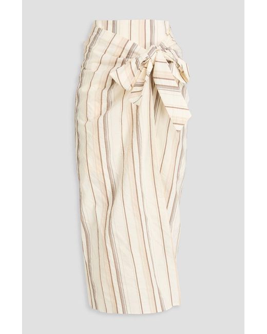 Brunello Cucinelli Natural Wrap-effect Striped Cotton And Linen-blend Midi Skirt