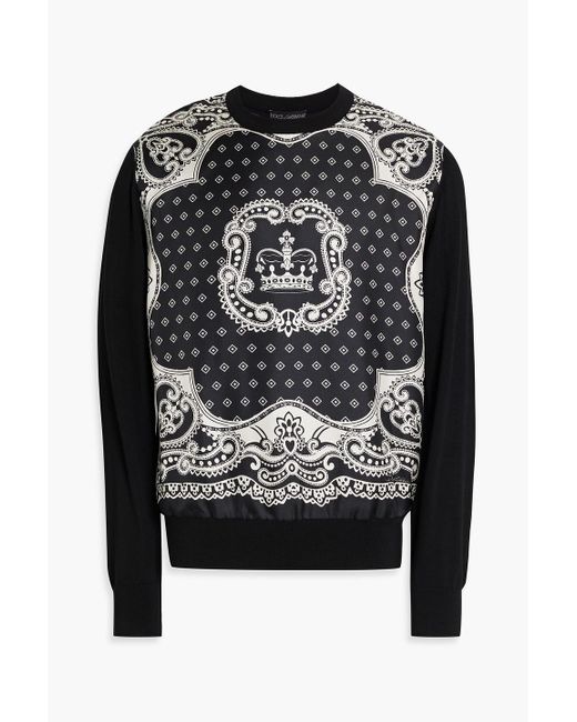 Dolce & Gabbana Black Paisley-print Silk Twill-paneled Wool And Silk-blend Sweater for men
