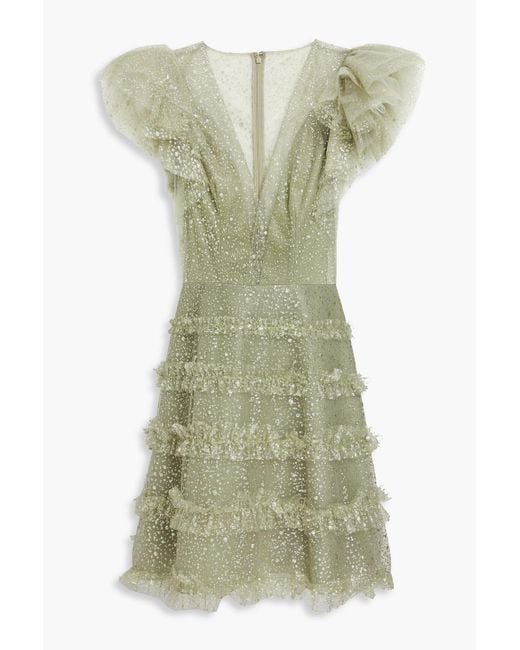 Costarellos Green Ruffled Glittered Tulle Mini Dress