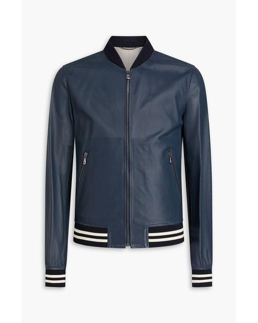Dolce & Gabbana Blue Perforated Leather Bomber Jacket for men