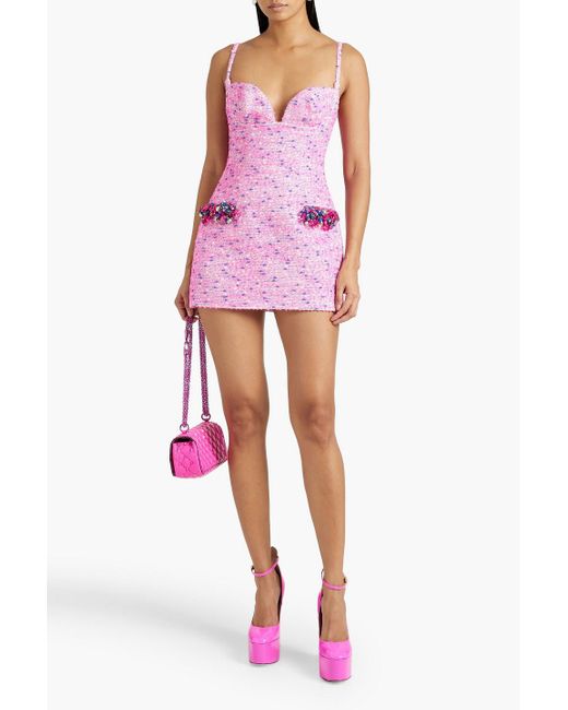 Area Pink Embellished Wool-blend Bouclé-tweed Mini Dress