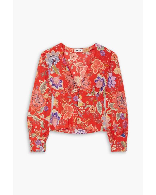 Rixo Red Azra Floral-print Crepe De Chine Blouse