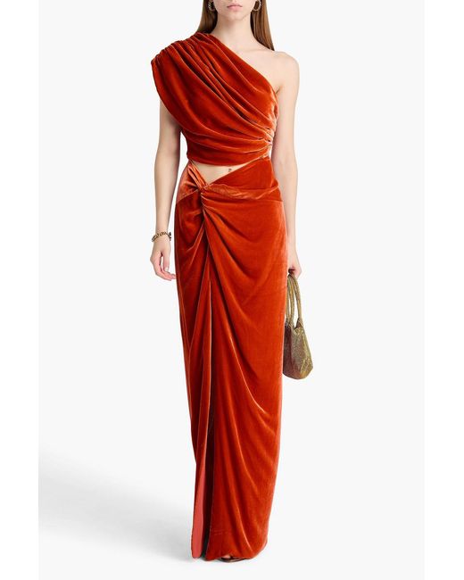 Costarellos Red One-shoulder Draped Cutout Velvet Gown