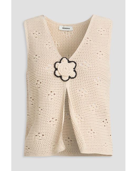 Sandro Natural Floral-Appliquéd Crochet-Knit Top