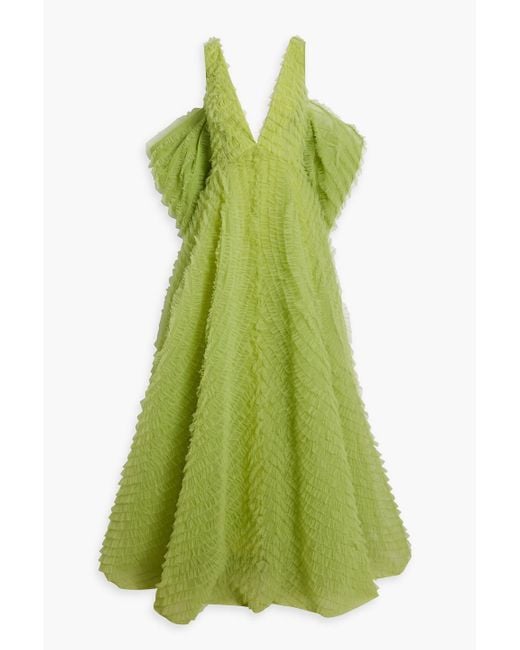 Huishan Zhang Green Draped Ruffled Tulle Gown