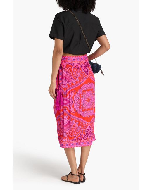 Farm Rio Red Tasseled Printed Crepe De Chine Midi Wrap Skirt