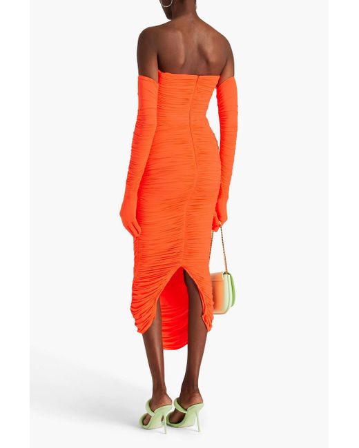 Alex Perry Orange Strapless Ruched Neon Stretch-jersey Midi Dress