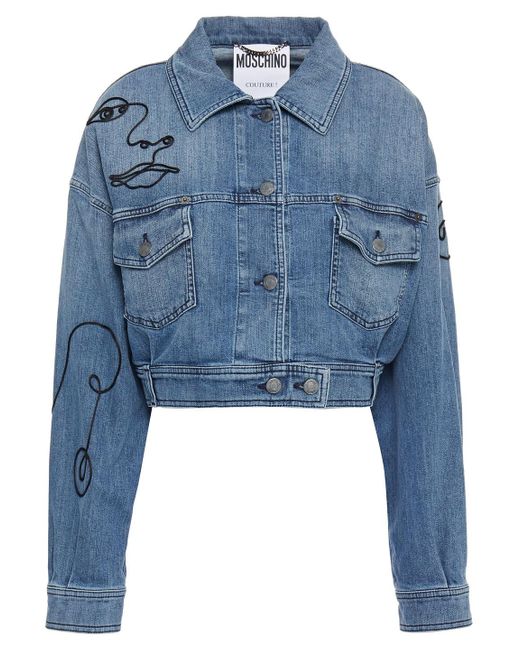 Moschino Blue Cropped Embroidered Denim Jacket