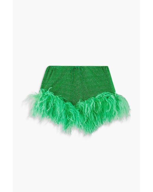Oseree Green Lumière Feather-trimmed Metallic Stretch-knit Shorts
