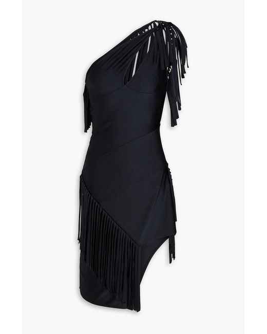 Coperni Blue One-Shoulder Fringed Stretch-Jersey Mini Dress
