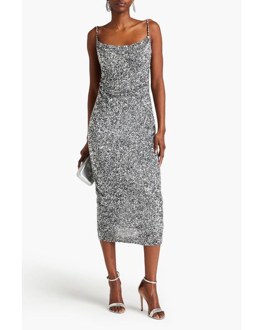 Rachel Gilbert Gray Corrie Draped Sequined Tulle Midi Dress