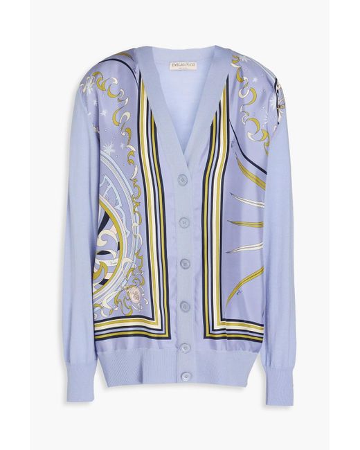 Emilio Pucci Blue Printed Silk-twill Paneled Wool Cardigan
