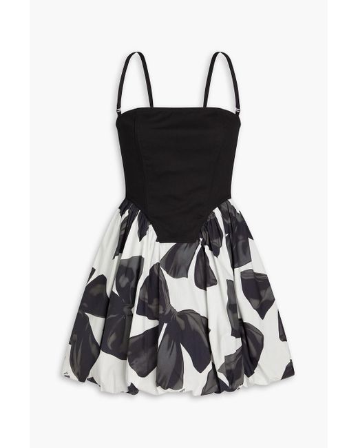Vivetta Black Gathered Printed Twill-paneled Stretch-cotton Poplin Mini Dress