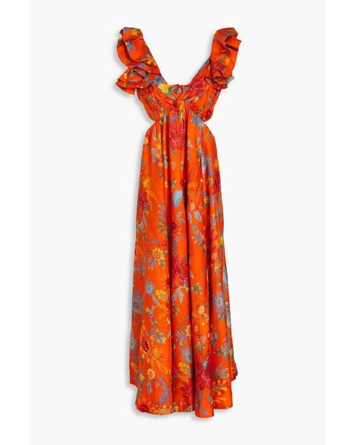 Zimmermann Orange Cutout Ruffled Floral-print Silk Maxi Dress