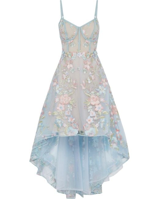 Marchesa notte Asymmetric Embroidered Tulle Gown Light Blue