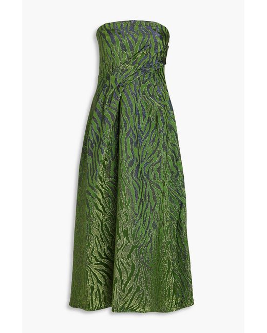 Ulla Johnson Green Raina Strapless Metallic Zebra-print Satin-jacquard Midi Dress