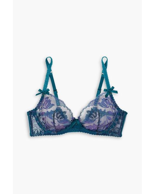 Agent Provocateur Blue Sparkle Satin-trimmed Metallic Embroidered Tulle Underwired Bra