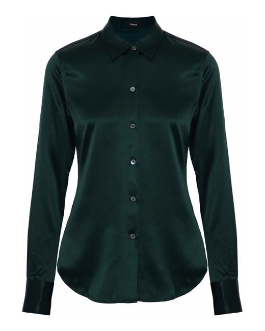 Theory Woman Stretch-silk Satin Shirt Dark Green