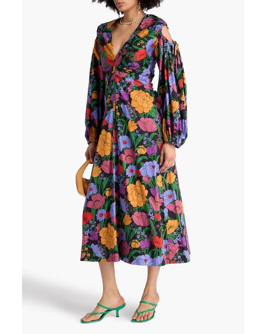 Farm Rio Multicolor Cutout Floral-Print Cotton-Sateen Midi Dress