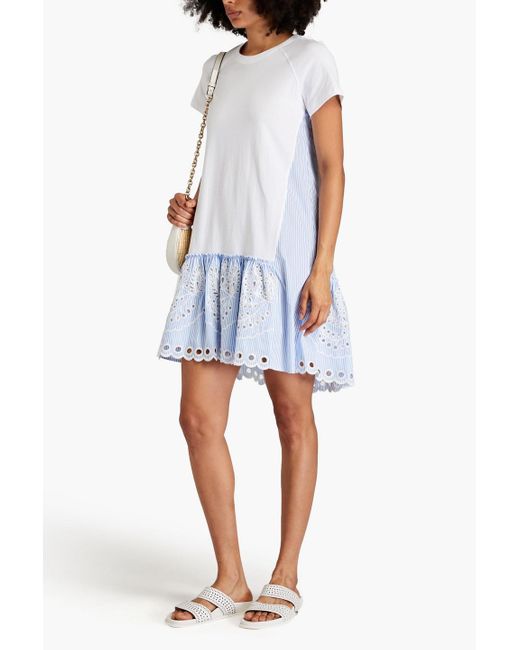 RED Valentino White Striped Broderie Anglaise And Cotton-jersey Mini Dress