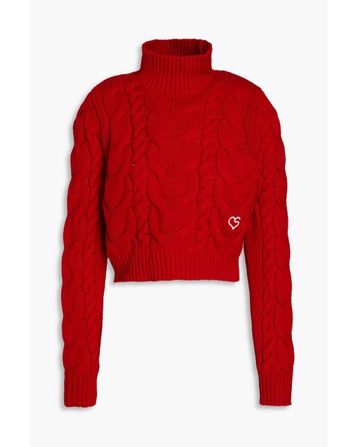 FRAME Red Cropped Cable-knit Merino Wool Turtleneck Sweater