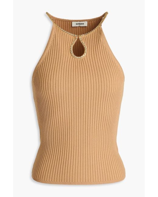 Sandro Natural Crystal-embellished Cutout Ribbed-knit Top