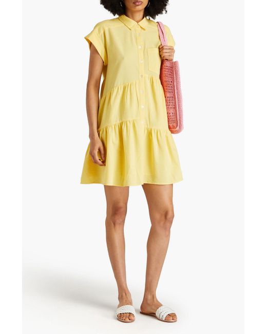 Veronica Beard Yellow Harrow Tiered Cotton-blend Seersucker Mini Shirt Dress