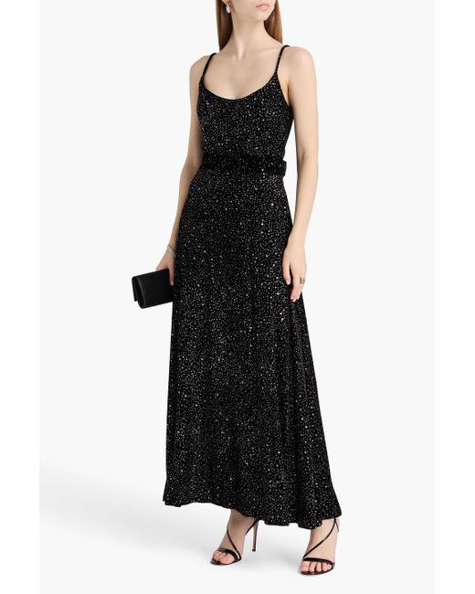 Costarellos Black Belted Glittered Vlevet Maxi Dress