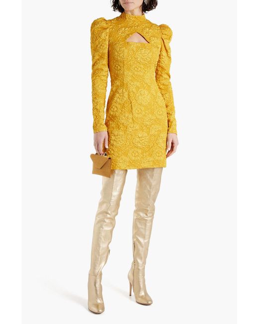 ONE33 SOCIAL Yellow Cutout Gathered Floral-jacquard Mini Dress