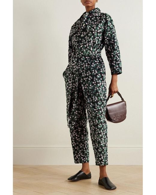 Yvonne S Black Belted Floral-print Cotton-corduroy Jumpsuit