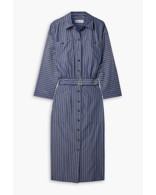 Lafayette 148 New York Blue Belted Striped Cotton-poplin Midi Shirt Dress