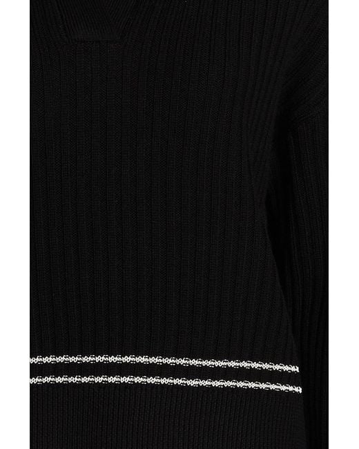 Rag & Bone Black Monti Striped Ribbed Merino Wool Polo Sweater