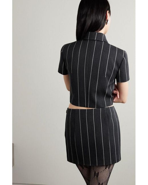 Alessandra Rich Black Cropped Bow-Detailed Cutout Pinstriped Wool-Blend Jacket