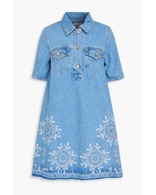Ganni Blue Embroidered Denim Mini Shirt Dress