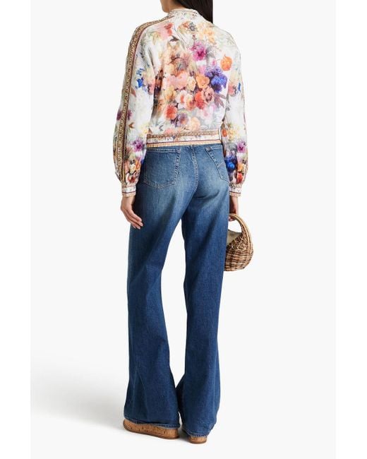 Camilla White Embellished Floral-print Linen Bomber Jacket